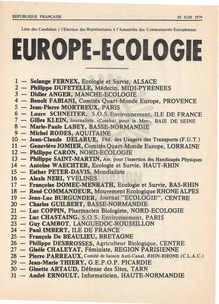BULLETIN DE VOTE D'EUROPE-ECOLOGIE (1979)