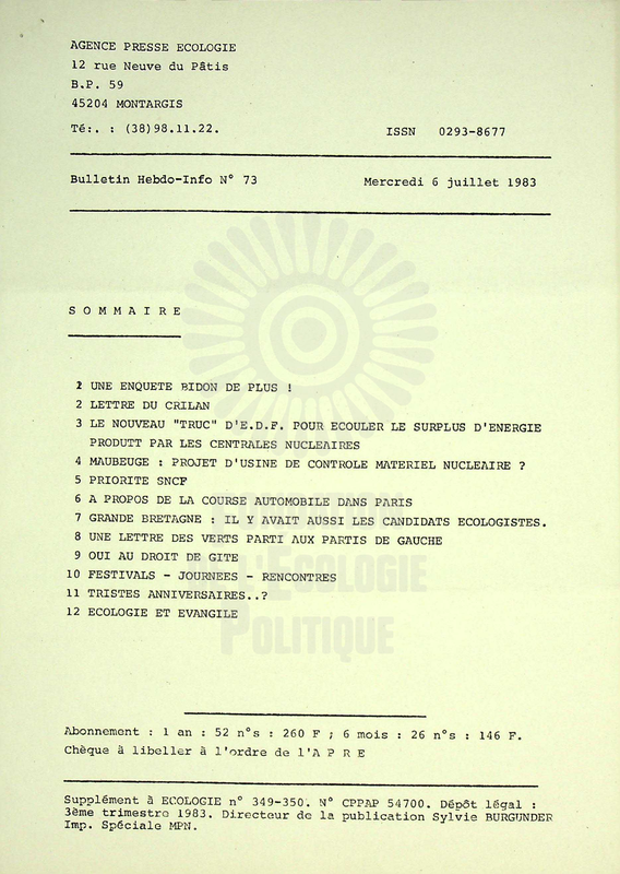 AGENCE PRESSE ECOLOGIE N°73 (1983)