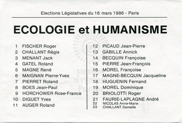 ECOLOGIE ET HUMANISME (législatives 1986)