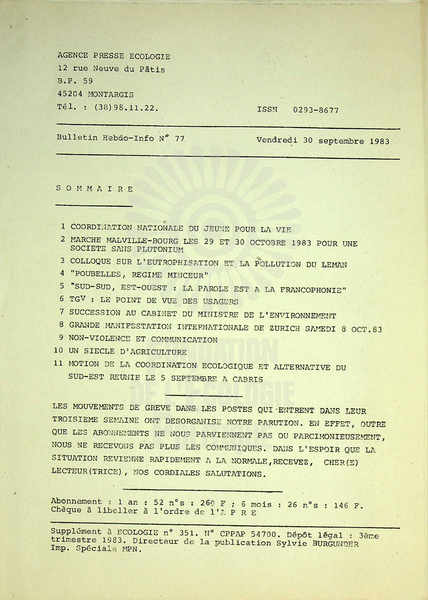 AGENCE PRESSE ECOLOGIE N°77 (1983)