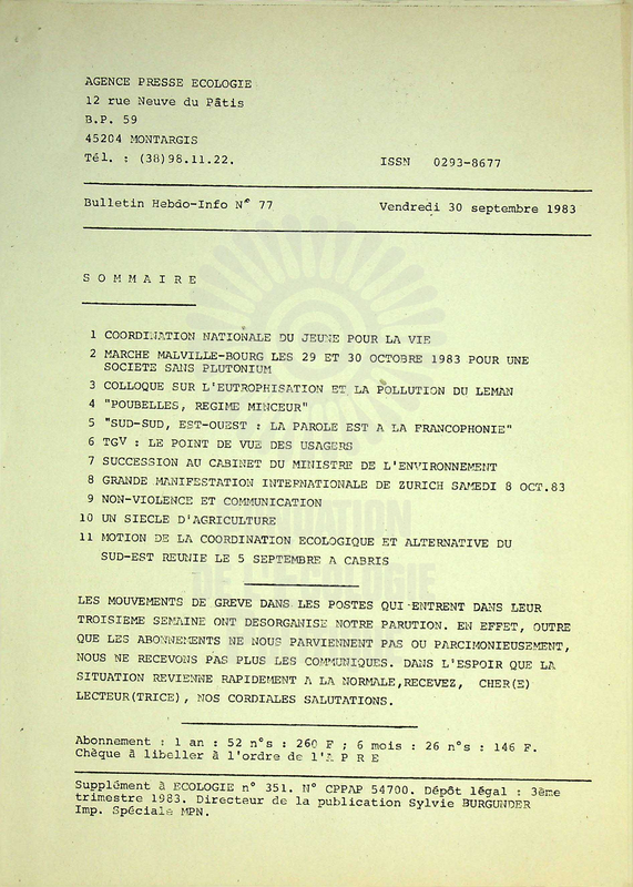 AGENCE PRESSE ECOLOGIE N°77 (1983)