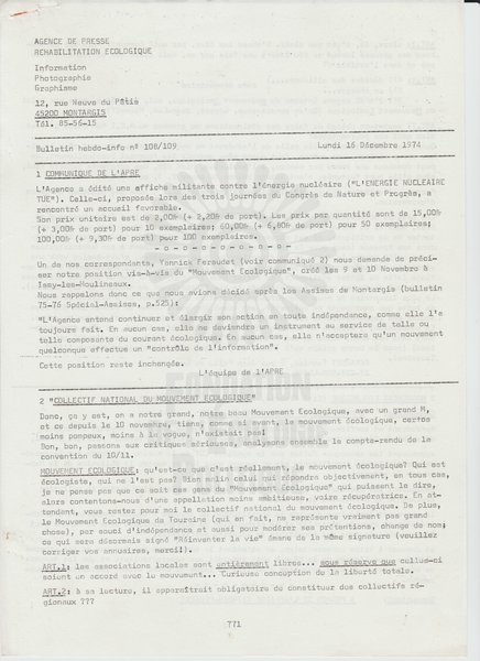 BULLETIN DE L'APRE N°108-109 (1974)