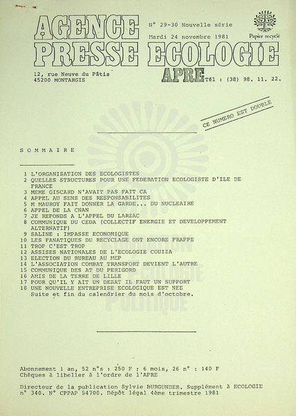 AGENCE PRESSE ECOLOGIE N°29-30 (1981)
