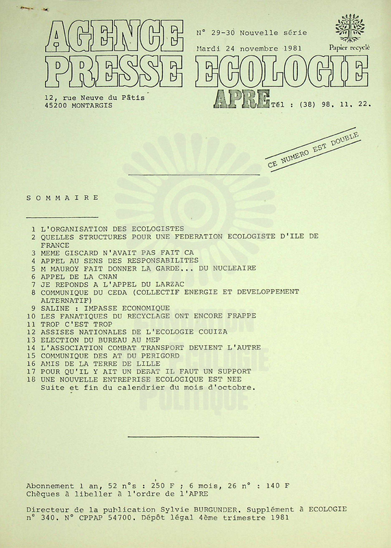 AGENCE PRESSE ECOLOGIE N°29-30 (1981)