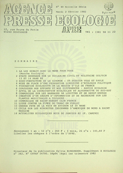 AGENCE PRESSE ECOLOGIE N°40 (1982)