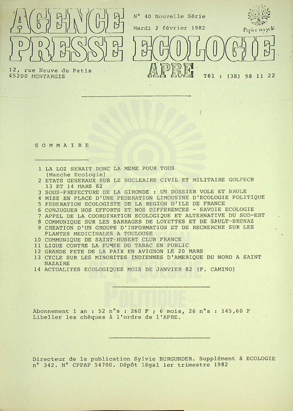 AGENCE PRESSE ECOLOGIE N°40 (1982)