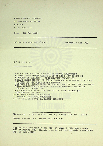 AGENCE PRESSE ECOLOGIE N°66 (1983)
