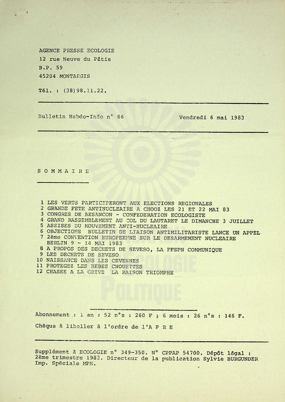 AGENCE PRESSE ECOLOGIE N°66 (1983)