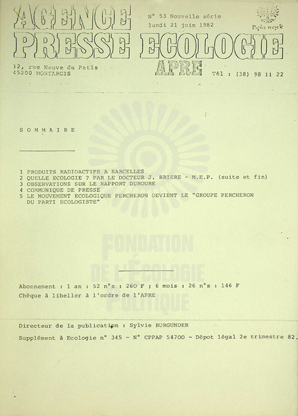 AGENCE PRESSE ECOLOGIE N°53 (1982)