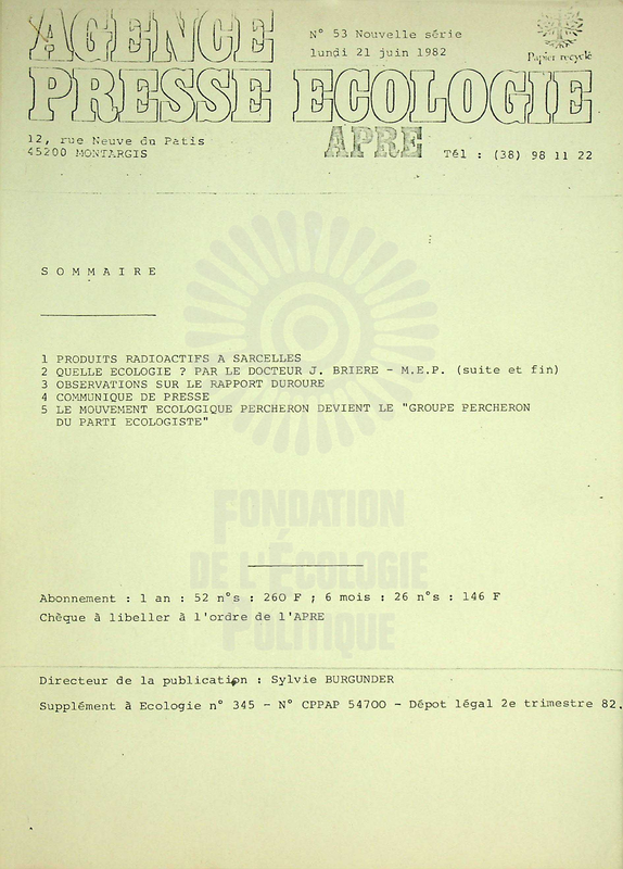 AGENCE PRESSE ECOLOGIE N°53 (1982)