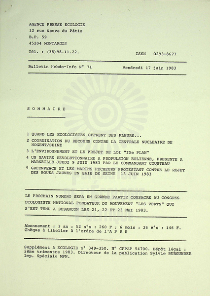 AGENCE PRESSE ECOLOGIE N°71 (1983)