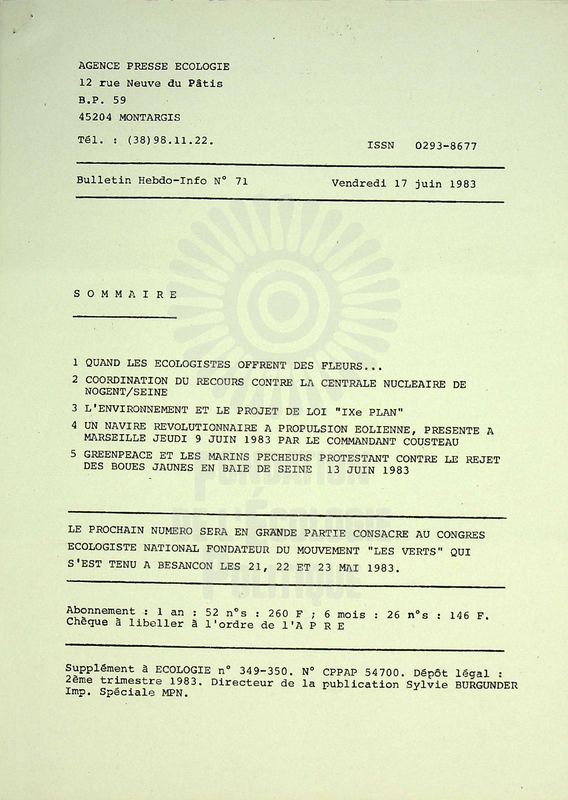 AGENCE PRESSE ECOLOGIE N°71 (1983)