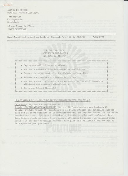 BULLETIN DE L'APRE SUPPLéMENT DU N°90 (1974)