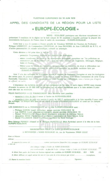 TRACT DE SOUTIEN À LA LISTE D'EUROPE-ECOLOGIE (1979)