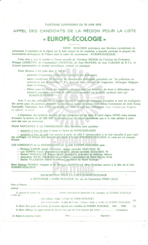 TRACT DE SOUTIEN À LA LISTE D'EUROPE-ECOLOGIE (1979)