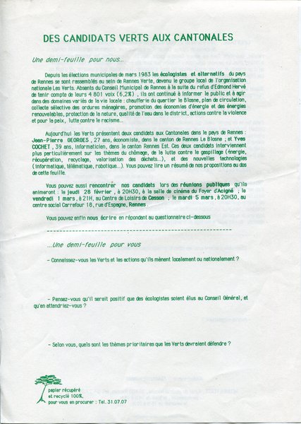 DES CANDIDATS VERTS AUX CANTONALES (1985)