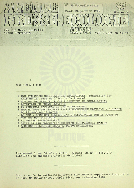 AGENCE PRESSE ECOLOGIE N°39 (1982)