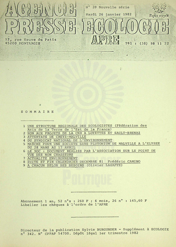 AGENCE PRESSE ECOLOGIE N°39 (1982)