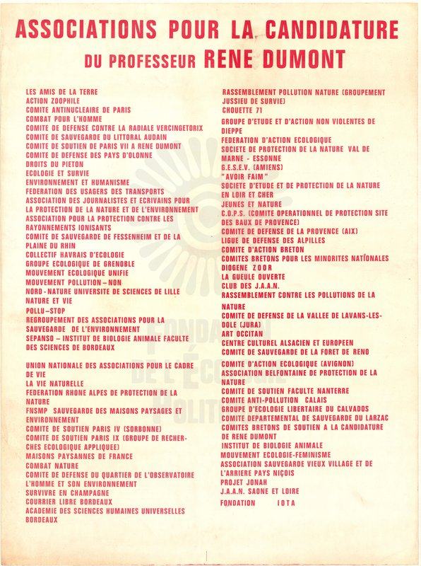 Associations pour la candidature du professeur René Dumont (1974)