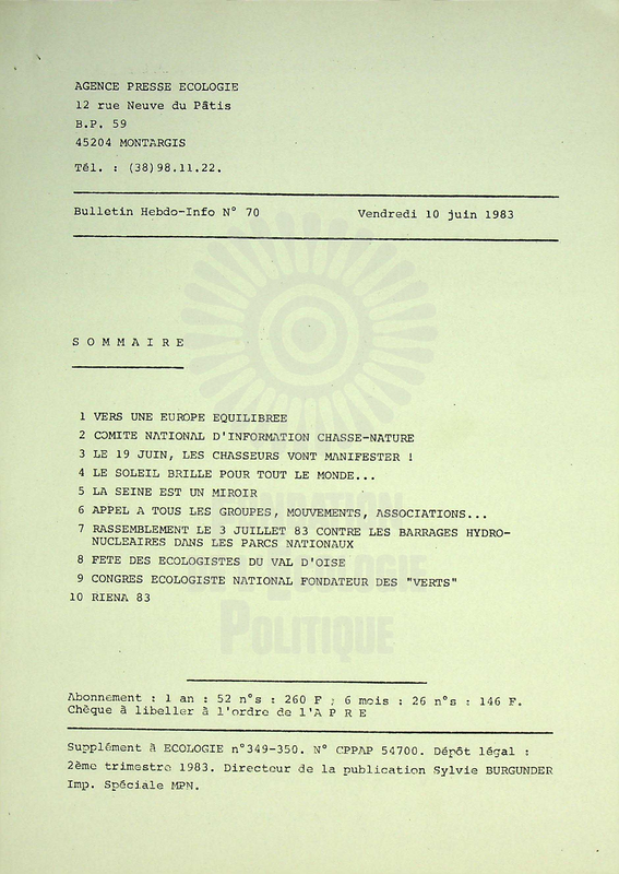 AGENCE PRESSE ECOLOGIE N°70 (1983)