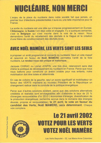 NUCLÉAIRE, NON MERCI (présidentielle 2002)