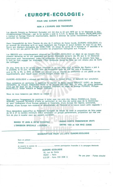 POUR UNE EUROPE ECOLOGIQUE, NON A L'EUROPE DES TRICHEURS (1979)