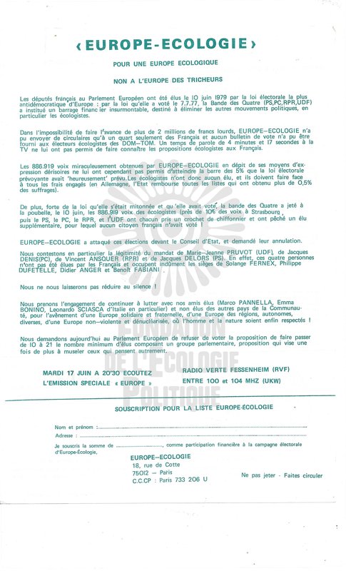 POUR UNE EUROPE ECOLOGIQUE, NON A L'EUROPE DES TRICHEURS (1979)