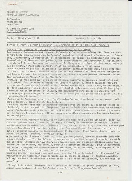 BULLETIN DE L'APRE N°71 (1974)