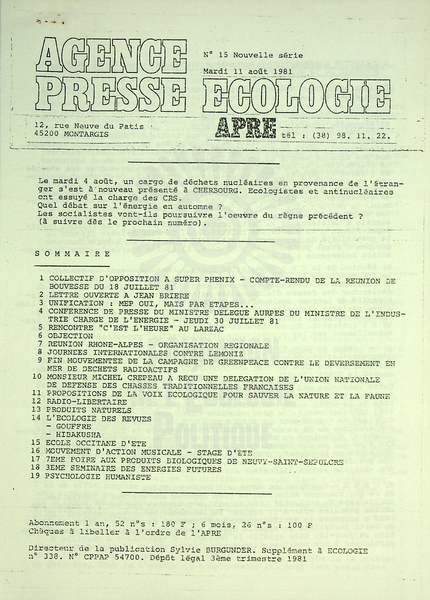 AGENCE PRESSE ECOLOGIE N°15 (1981)