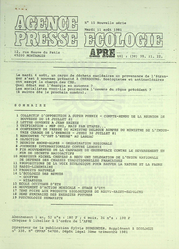 AGENCE PRESSE ECOLOGIE N°15 (1981)