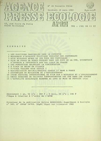 AGENCE PRESSE ECOLOGIE N°45 (1982)