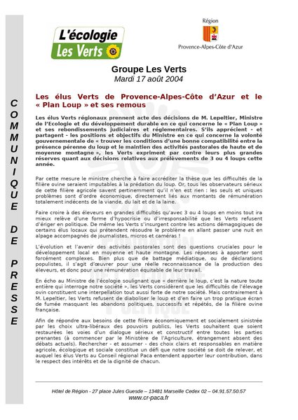 Communiqué de presse du 17 août 2004