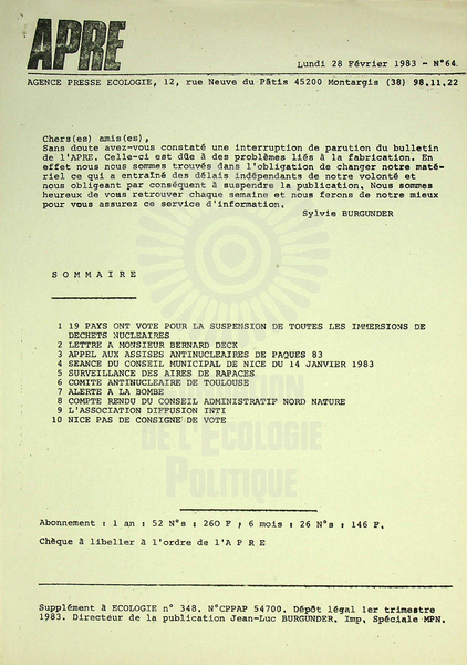 AGENCE PRESSE ECOLOGIE N°64 (1983)