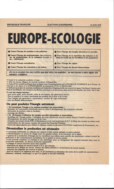 PROFESSION DE FOI D'EUROPE-ECOLOGIE (1979)