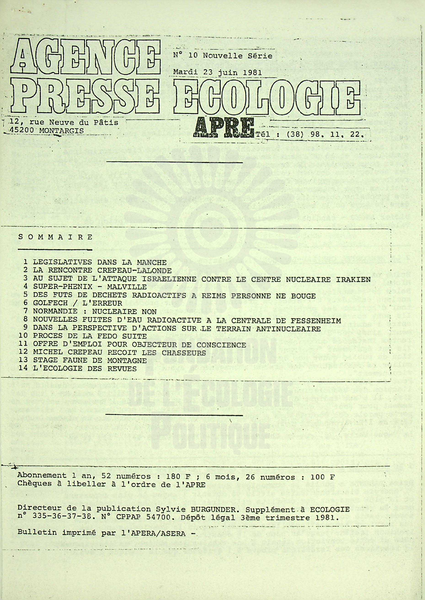 AGENCE PRESSE ECOLOGIE N°10 (1981)