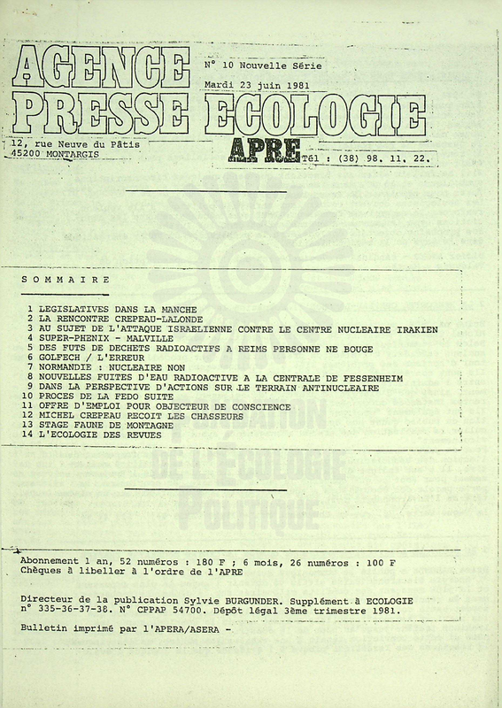 AGENCE PRESSE ECOLOGIE N°10 (1981)