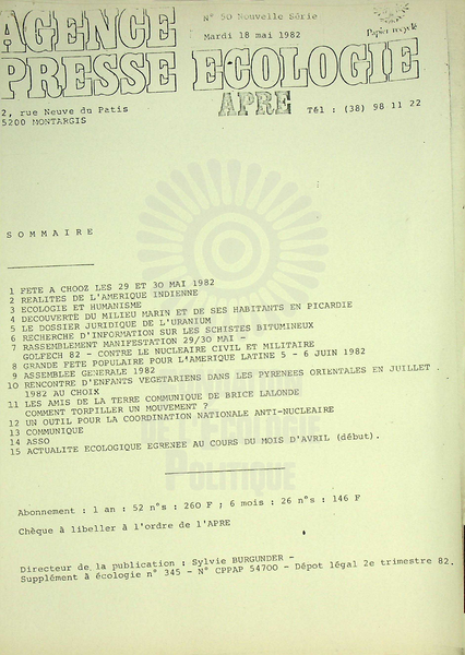 AGENCE PRESSE ECOLOGIE N°50 (1982)