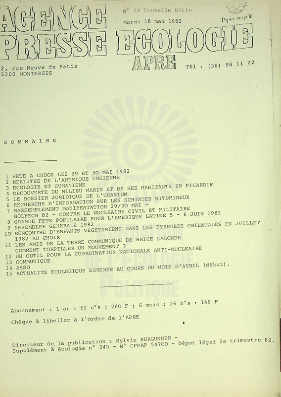AGENCE PRESSE ECOLOGIE N°50 (1982)