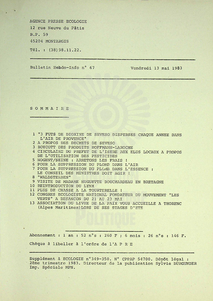 AGENCE PRESSE ECOLOGIE N°67 (1983)