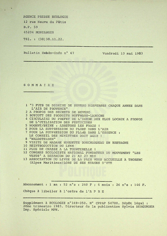 AGENCE PRESSE ECOLOGIE N°67 (1983)