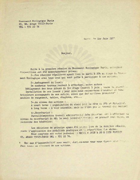 Lettre aux adhérents du Mouvement écologique (1978)
