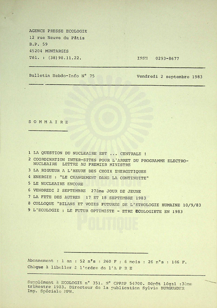 AGENCE PRESSE ECOLOGIE N°75 (1983)