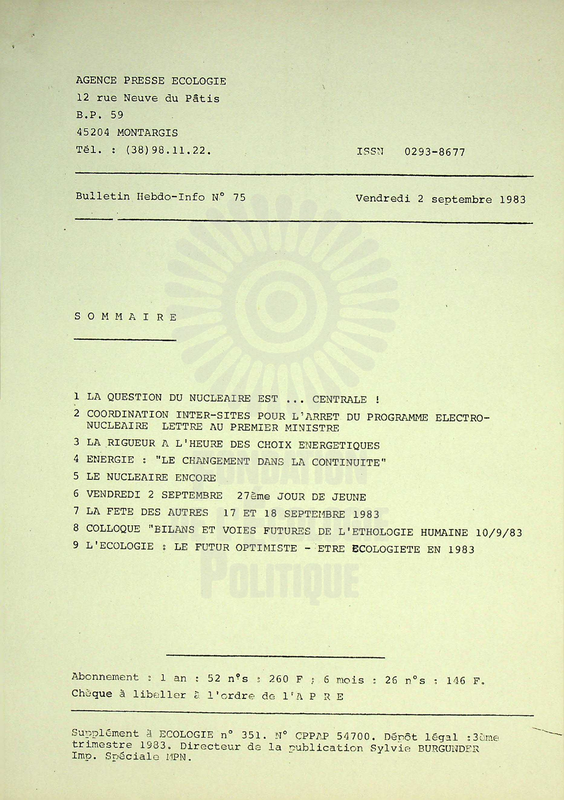 AGENCE PRESSE ECOLOGIE N°75 (1983)