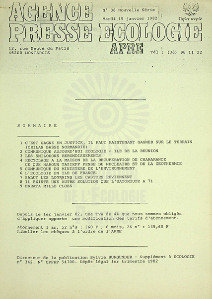 AGENCE PRESSE ECOLOGIE N°38 (1982)