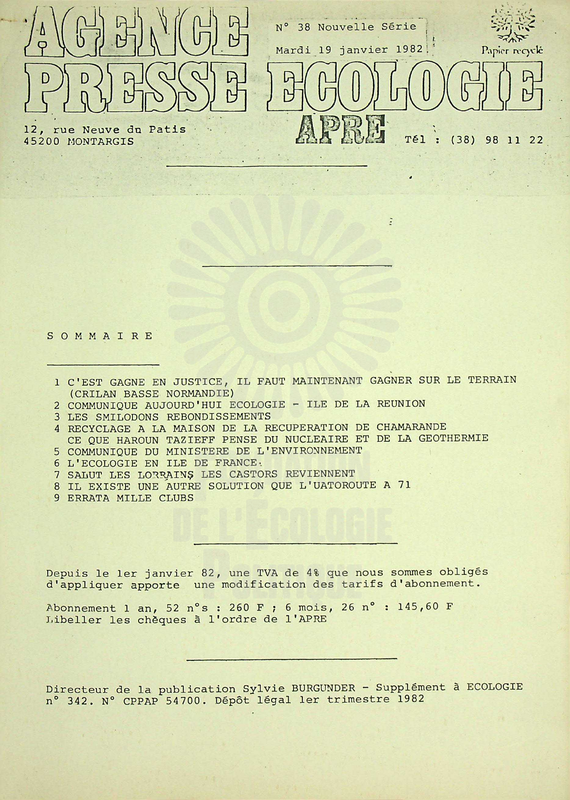 AGENCE PRESSE ECOLOGIE N°38 (1982)