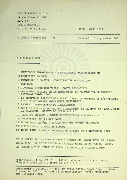 AGENCE PRESSE ECOLOGIE N°76 (1983)