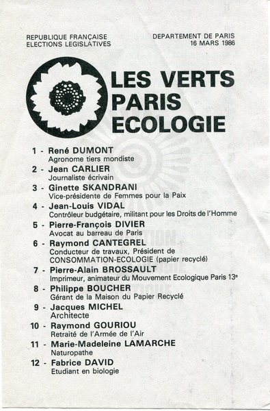 LES VERTS PARIS ECOLOGIE (législatives 1986)