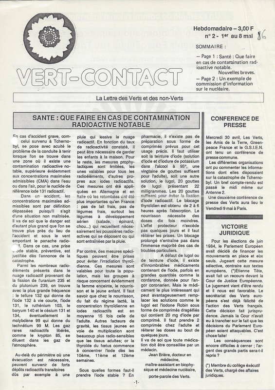 Lettre Vert-Contact n°2 (1986)