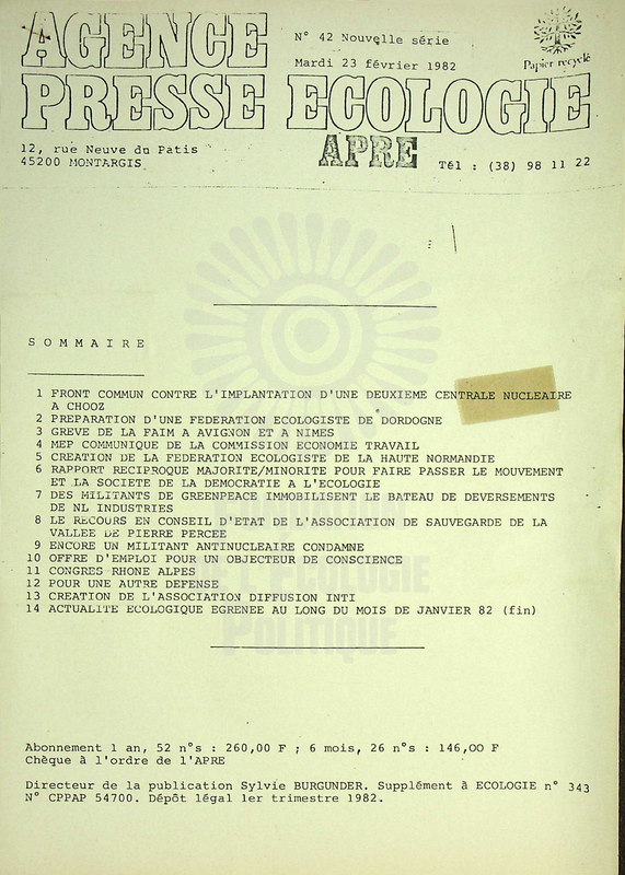 AGENCE PRESSE ECOLOGIE N°42 (1982)