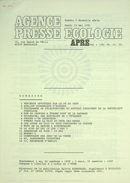 AGENCE PRESSE ECOLOGIE N°5 (1981)